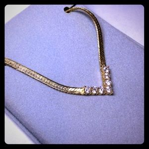 Vintage Gold Tone CZ V-Neck Necklace